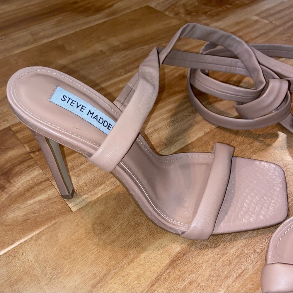 STEVE MADDEN Utilize Tie-up Nude Dress Sandals High Heels Square Toe 4.5 inch - Picture 5 of 11